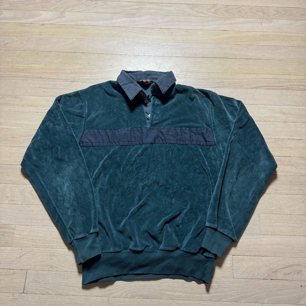 Vintage 80s 90s Marvello Velour Polo Sweatshirt Teal Green Collared size Medium